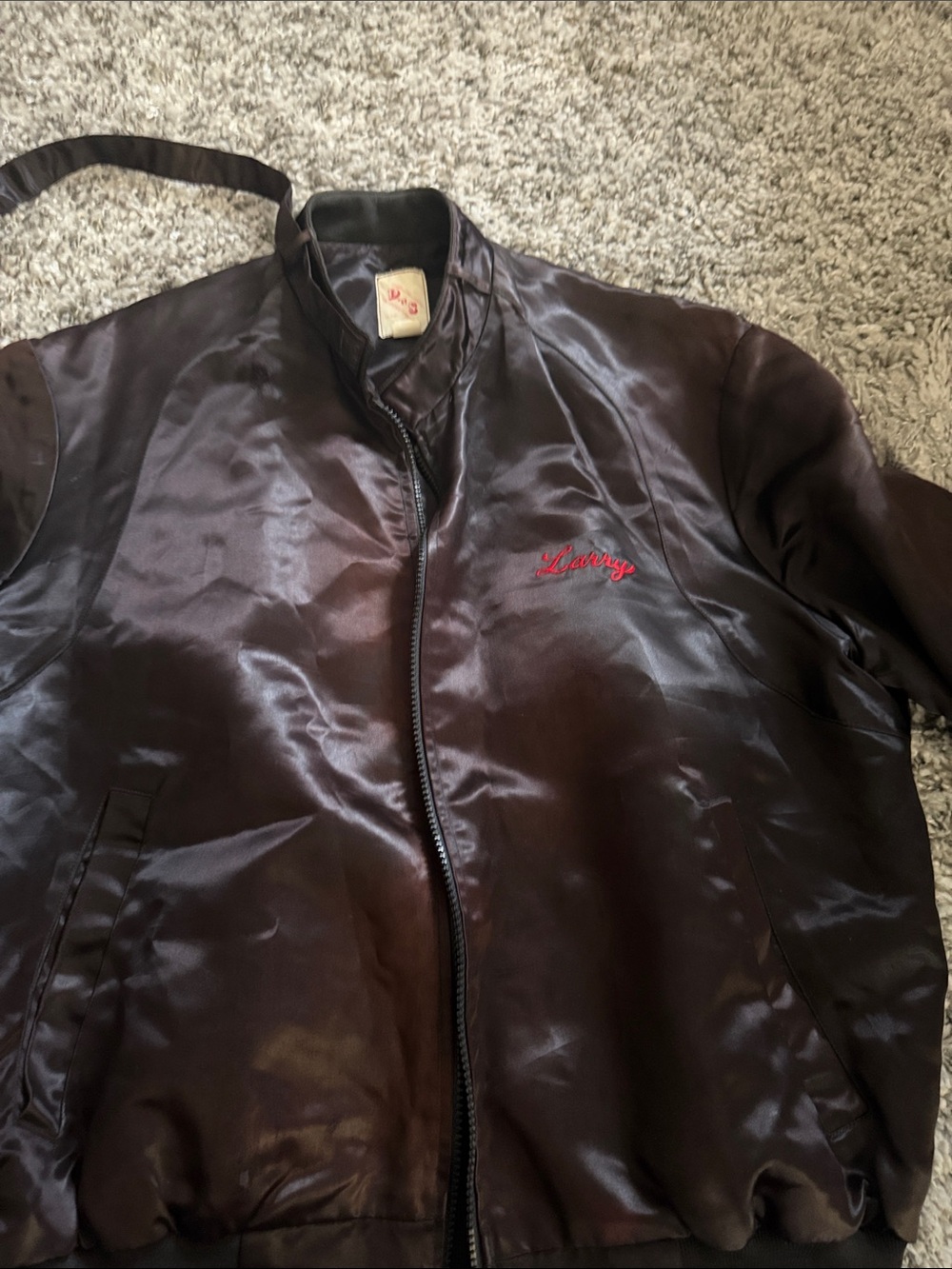 Men's Dark Brown Satin Bomber Jacket with Red Script Detail